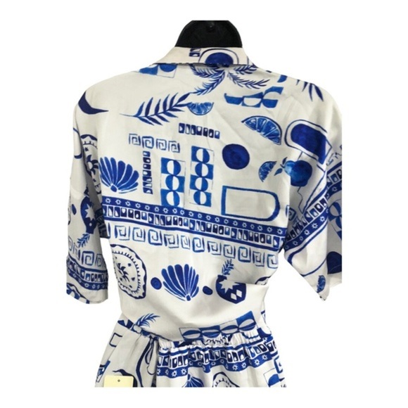 Blue white satin effect multi print‎ buttoned down shirt & pants 2pc set size  M - Picture 7 of 17